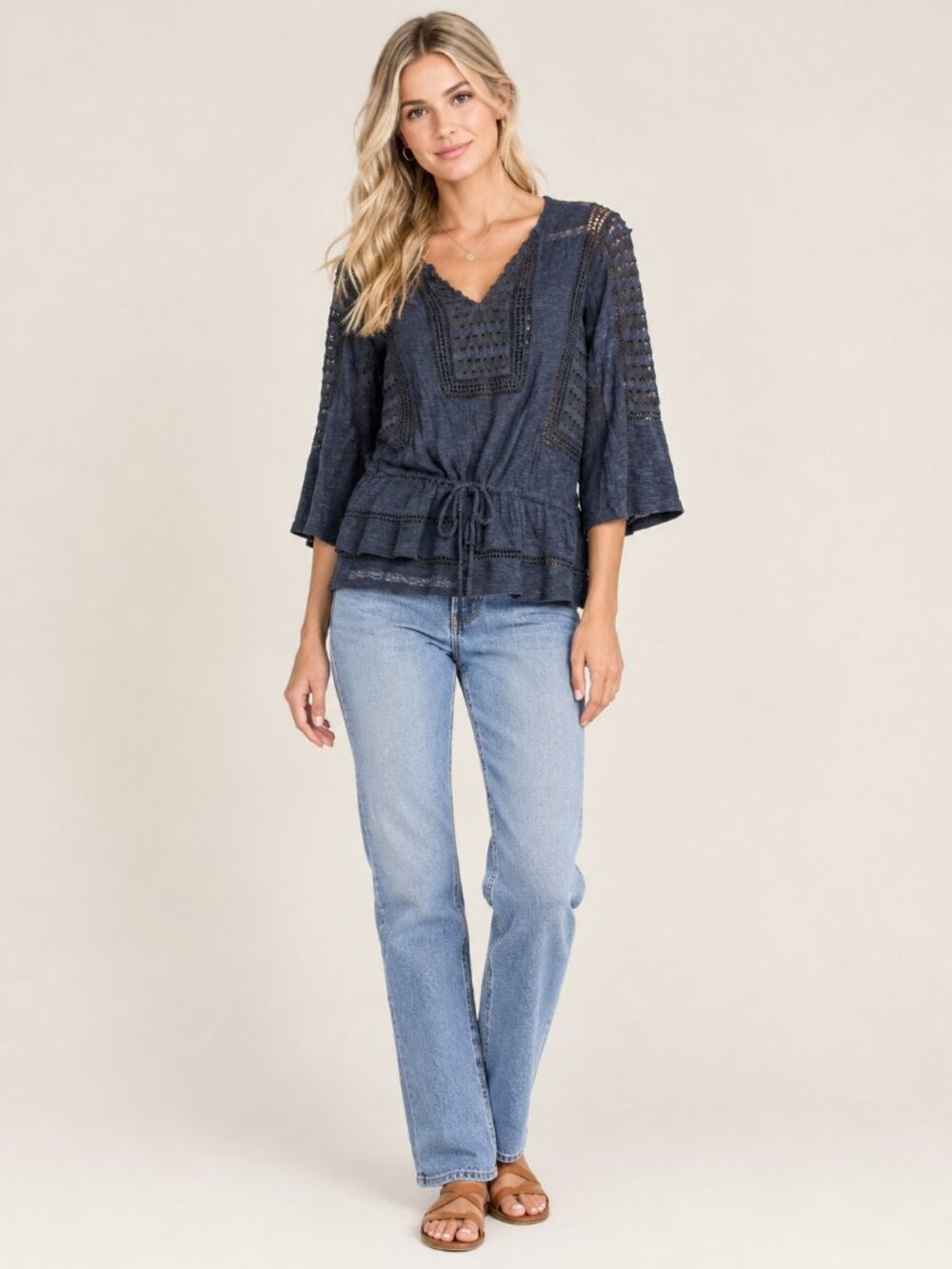 Lucky Brand Open Knit Cinched Boho Blouse Black Medium #A4423